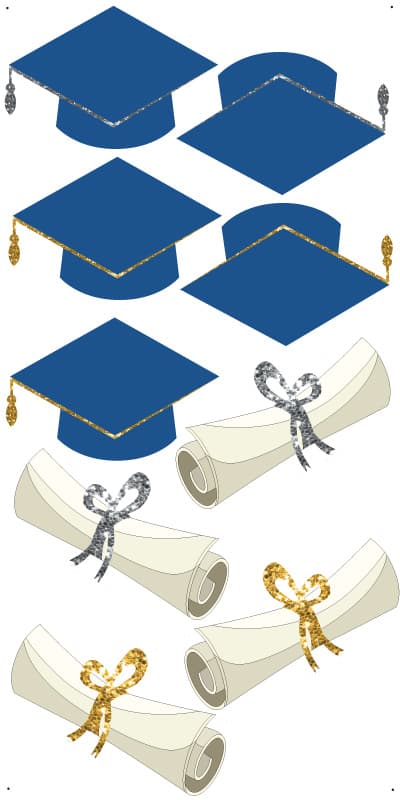 Navy Grad cap and diploma set gold and silver