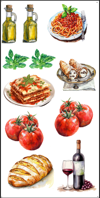 Italian Dinner Party Props – Olive Oil, Pasta, Wine & Bread Cutouts (Set of 10)
